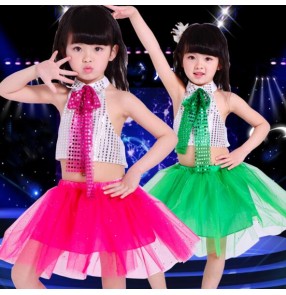 Sequined fuchsia hot pink green girls kids child toddlers children stage performance modern dance jazz dance stage performance outfits costumes